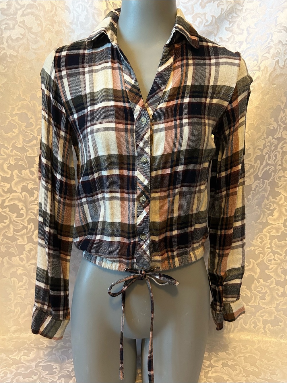 Style Envy Plaid Button-Front Tie-Crop Top Flannel Top, Size S